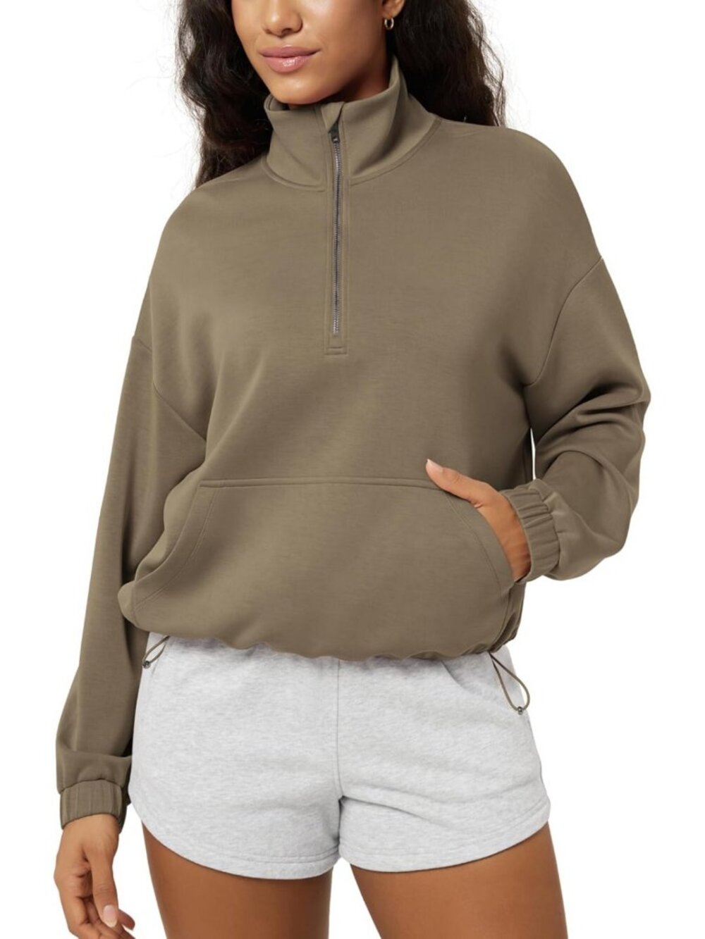 Soft Modal Cinchable Sweatshirt, Half Zipper Funnel Neck, Oversized Pullover